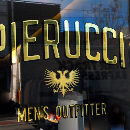Pierucci Mens Outfitter, Chapel Street, South Yarra. Reverse Gold Leaf Gilded Window Sign.