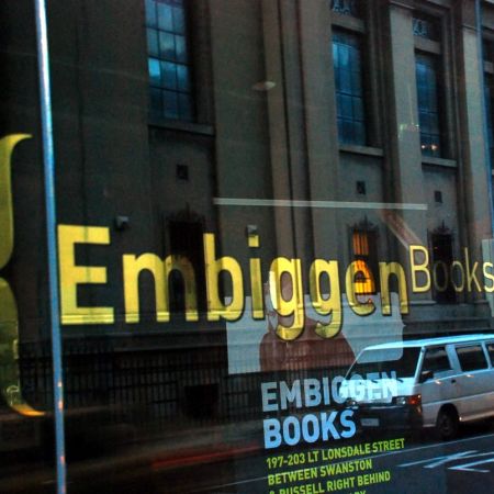 Embiggen Books, Melbourne CBD. Reverse Gold Leaf Gilded Window Signwriting.