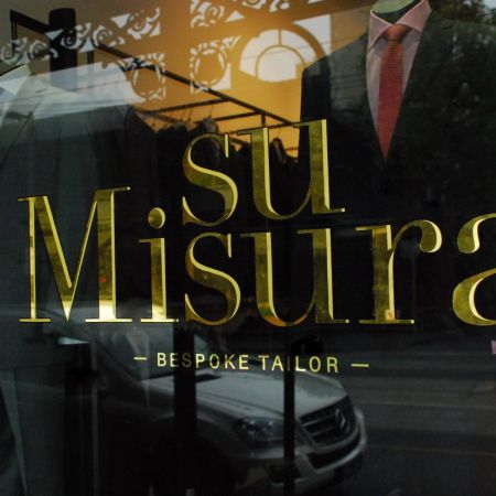 Gold Leaf Gilded Window Signage. Su Misura, Bespoke Tailor, South Yarra, Melbourne.